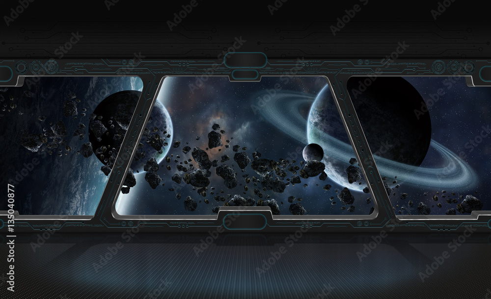 Poster view of outer space from the window of a space station 3d render