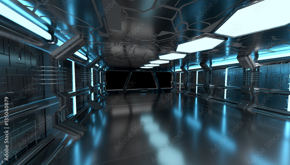 Fototapete Spaceship blue interior with empty window 3D rendering elements