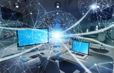 Workplace with modern devices and hologram screens 3D rendering