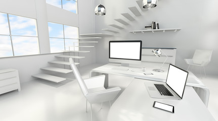 Fototapeta na wymiar Modern white office interior with computer and devices 3D render