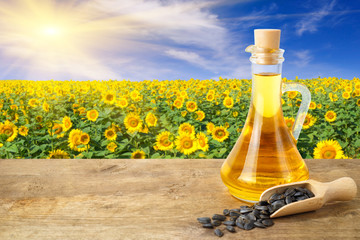 sunflower oil in glass bottle on nature background