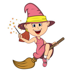 Beautiful funny witch fly with broom and stick for halloween cartoon
