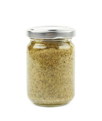 Glass jar of italian pesto isolated