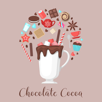 Chocolate Cocoa Drink Mug with Coffee Beans and Sweet Food. Vector illustration