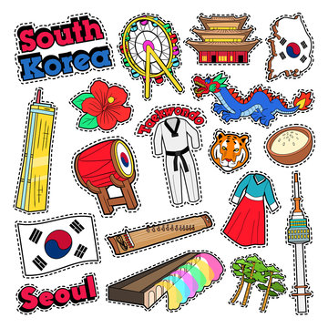 South Korea Travel Elements with Architecture and Taekwondo. Vector Doodle