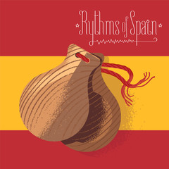 Spanish castanets vector illustration, design element on background of Spanish flag - obrazy, fototapety, plakaty