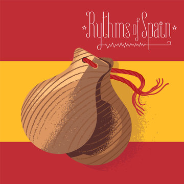 Spanish castanets vector illustration, design element on background of Spanish flag