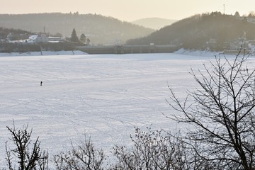 Winter landscape and frozen Brno dam.