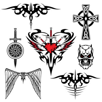 black red white tattoo set abstraction wing sword shield heart skull cross viking celtic vector