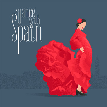 Flamenco dancer in red dress in visit Spain concept vector illustration