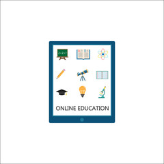 Online education flat pictograms package, E-learning symbols collection, Web & mobile services vector sketches, Tablet with apps logo illustrations, colorful solid icons isolated on white background.