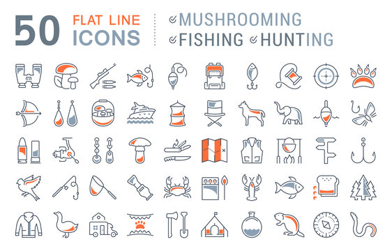 Set Vector Flat Line Icons Mushrooming, Fishing and Hunting