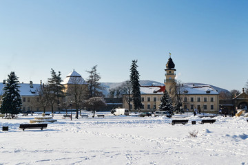 city hall on the background of a winter landscape in Zhovkva,Ukraine