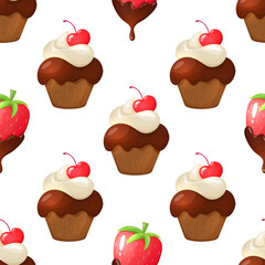 Seamless pattern of cupcakes and strawberry in chocolate icons. Colorful cartoon illustration for decoration. Vector.