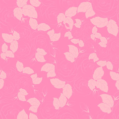 Fototapeta na wymiar Pink seamless pattern with leaves and roses