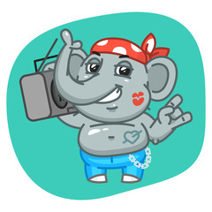 Elephant in Jeans Pants Holding Tape Recorder and Smiling