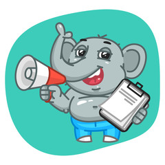 Elephant in Jeans Pants Holding Notepad and Megaphone