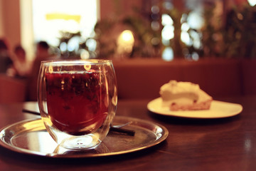 cup of tea or coffee in a cafe serving breakfast table