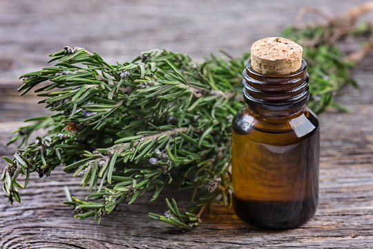 Rosemary essential oil on a  bottle with  fresh rosemary on wooden background, selective focus.