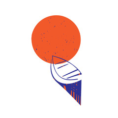 Vector fishing boat on the background of the huge moon. Romantic landscape