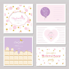 Cute cards design with glitter for teenage girls. Inspirational quotes, birthday, sweet 16 party invitation. Included polka dot, chocolate and striped seamless patterns.