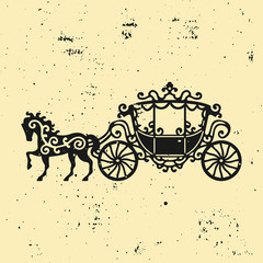 Horse-Carriage silhouette with horse. Vector illustration of brougham in baroque style. Vintage carriage isolated on dark background. Good for design, invitation card, logo or decoration