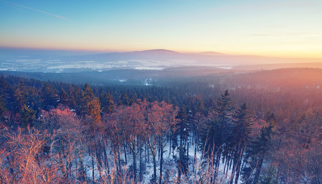 Sonnenuntergang über dem Winterwald