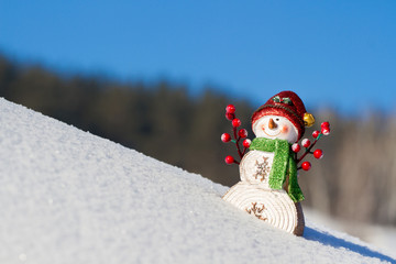 The winter, Christmas - a happy snowman costs against the background of the blue sky.