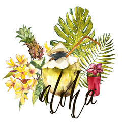 Word - Aloha. Composition with watercolor hand drawn tropical fruits, flowers, water and leaves. Background for food packaging, cards posters. isolated on white . © asetrova