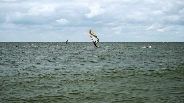 Wind-surfing. Dark silhouettes of surfers riding on sailboards on the sea waves at sunny day. HD