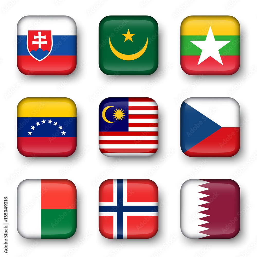 Wall mural set of world flags quadrangular badges ( slovakia . mauritania . myanmar . venezuela . malaysia . cz