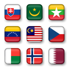 Obraz premium Set of world flags quadrangular badges ( Slovakia . Mauritania . Myanmar . Venezuela . Malaysia . Czech . Madagascar . Norway . Qatar )