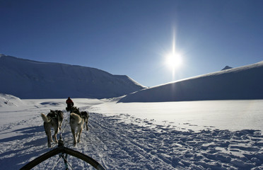 Dogsledding near Longyearbyen, Svalbard archipelago, Arctic.