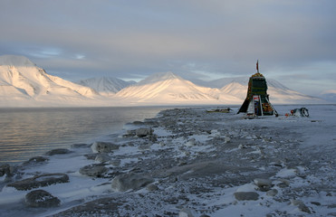 The art shelter on the coast of  Adventfjord in Longyearbyen, Svalbard, Arctic.
