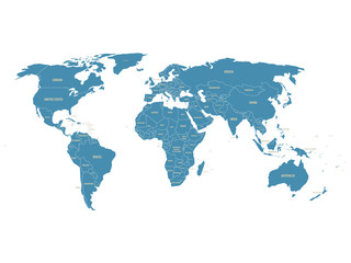 Fototapeta na wymiar Political vector World Map with state name labels. Blue land with gray text on white background. Hand drawn simplified illustration.