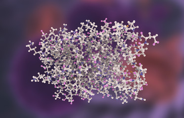 Molecular model of interferon-alpha IFN-alpha, 3D illustration. IFN-alpha is a protein produced by leukocytes and involved in innate immune responce against viral infections