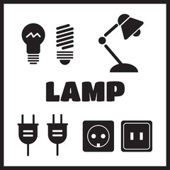 Lamp and bulbs black vector icons set