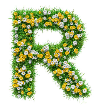 Letter R Of Green Grass And Flowers
