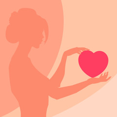 The girl's silhouette with a heart in hands. The vector drawing. Design element for a St. Valentine's Day card. 