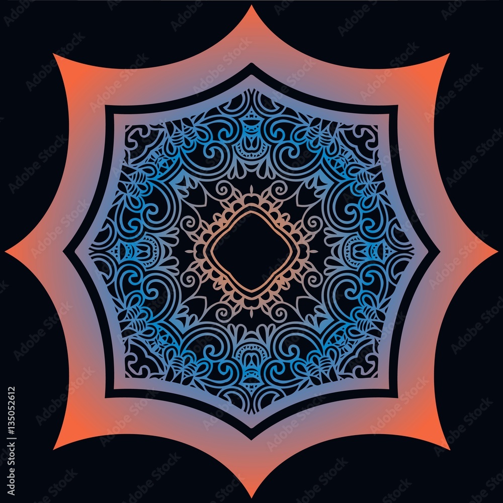 Poster on an abstract background octagonal symmetrical pattern of ethnic floral mandala with openwork inter