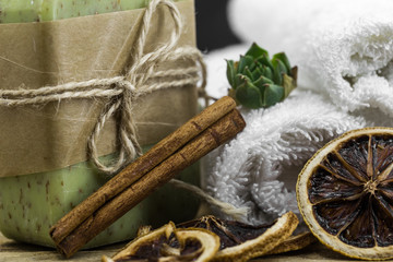 handmade soap on wooden background