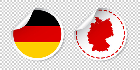 Germany sticker with flag and map. Label, round tag with country. Vector illustration on isolated background.