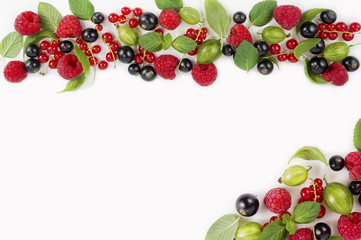 Various fresh summer berries on white background. Ripe raspberries, currants, gooseberries, mint and basil leaves. Berries at border of image with copy space for text. Background berries.