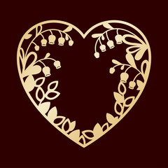 Silhouette of the heart with lilies of the valley. Laser cutting or foiling template for greeting cards, envelopes, wedding invitations, interior decorative elements.