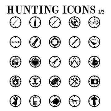 Hunting icons on the theme of hunting, weapons, equipment, vehicles, animals, mushroom picking.