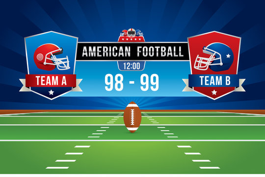 Vector of American football team with scoreboard on green field background.