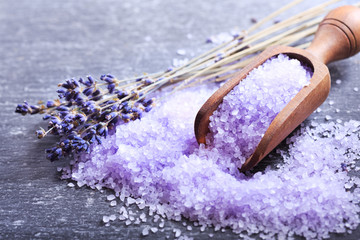 purple bath salt and dried flowers of lavender