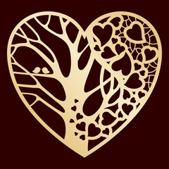 Openwork golden heart with a tree inside. Laser cutting or foiling template for greeting cards, envelopes, wedding invitations, decorative art objects.