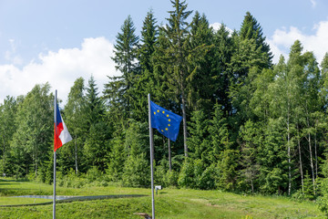 EU flags and the Czech Republic on the background of green forest