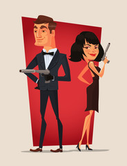 Spy couple characters. Vector flat cartoon illustration